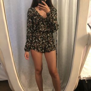 Forest green floral long sleeve romper